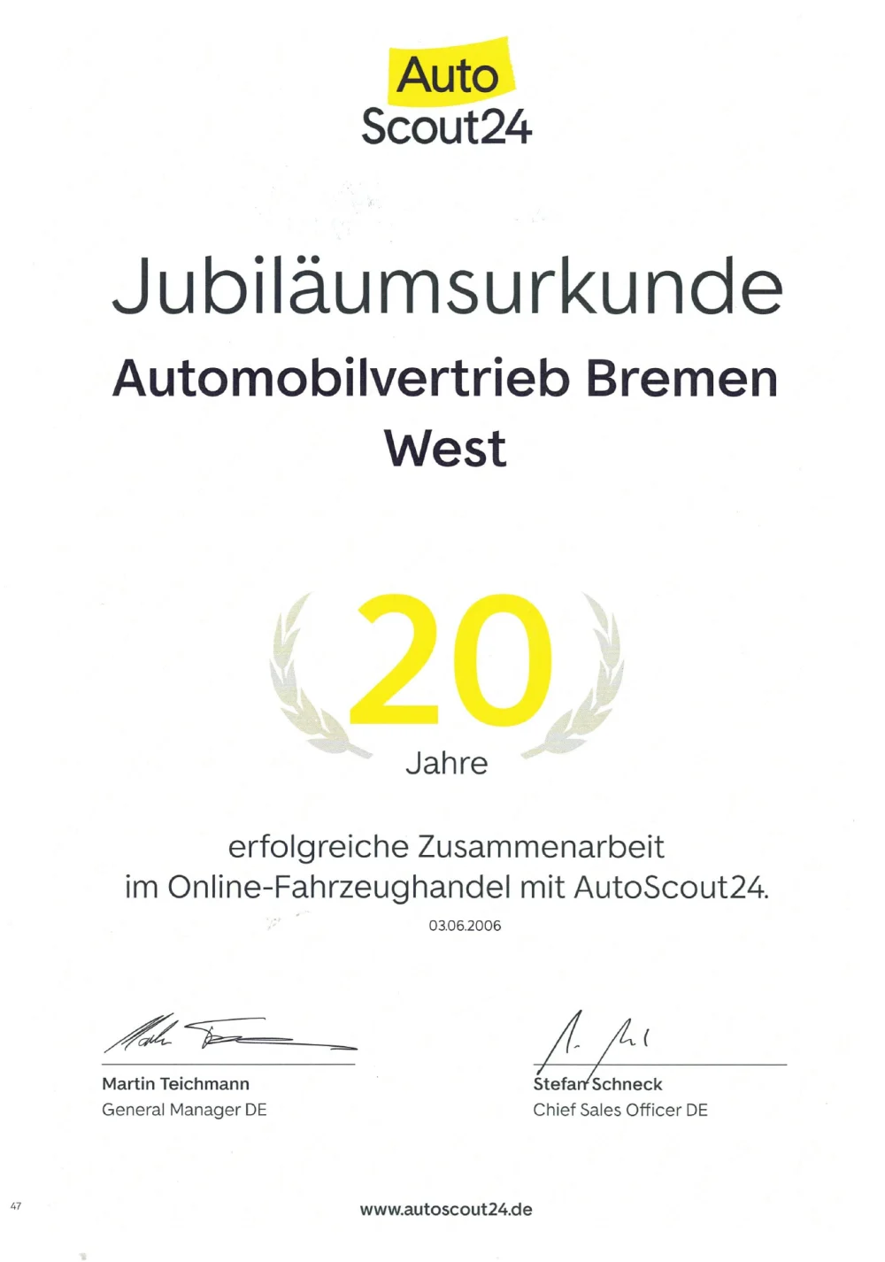 AutoScout24 Jubiläumsurkunde für 20 Jahre erfolgreiche Zusammenarbeit mit Automobilvertrieb Bremen West